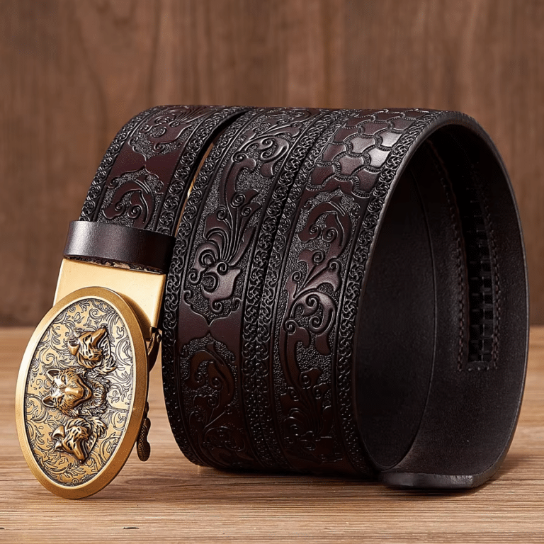 Ceinture cowboy cuir noir embossé boucle dorée motif loups (4)