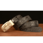 Ceinture cowboy cuir noire embossée avec boucle aigle dorée (4)