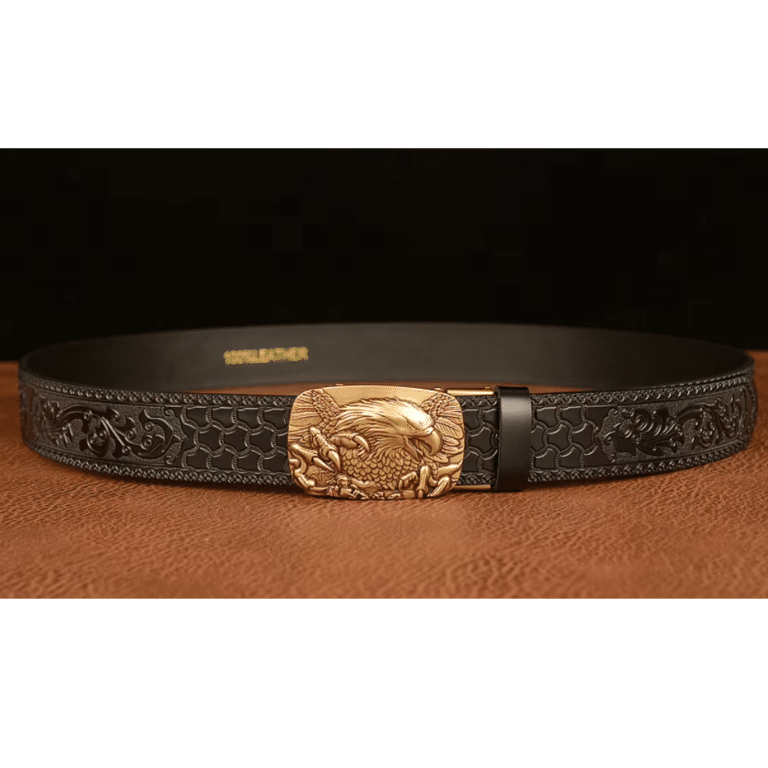 Ceinture cowboy cuir noire embossée avec boucle aigle dorée (5)