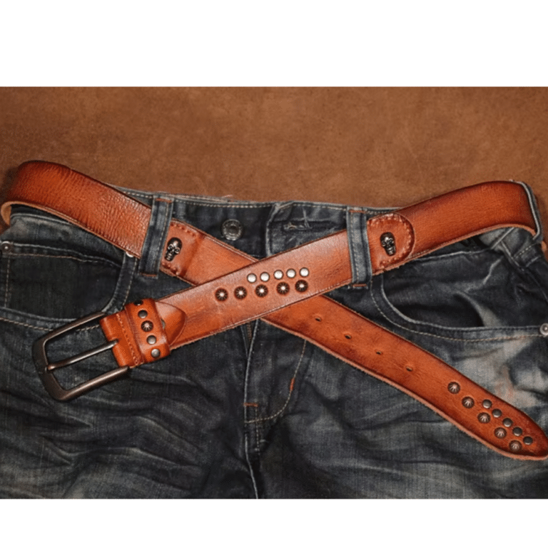 Ceinture cowboy cuir vintage rivets et tête de mort (1)