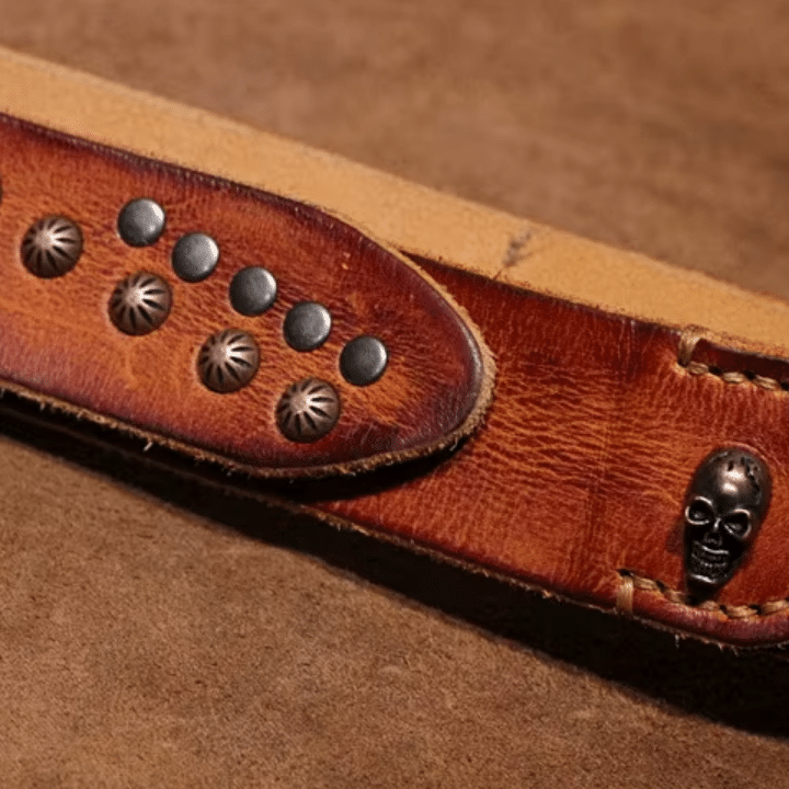 Ceinture cowboy cuir vintage rivets et tête de mort (4)