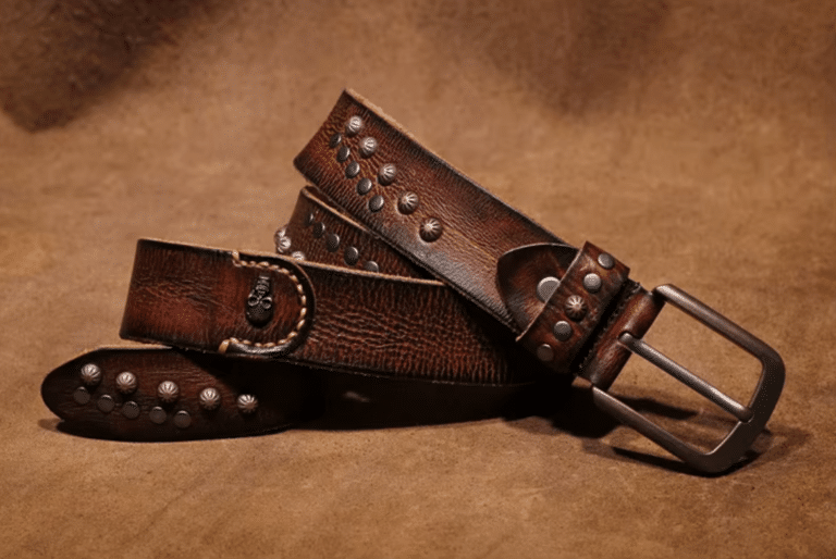 Ceinture cowboy cuir vintage rivets et tête de mort (5)