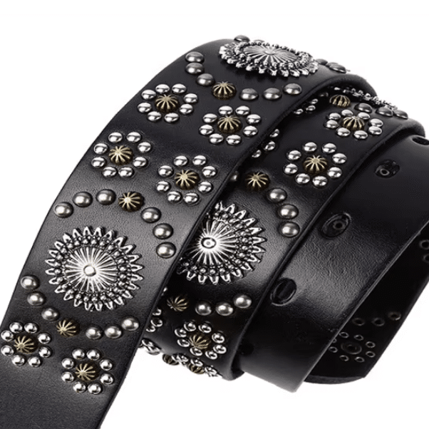 Ceinture cowboy femme cuir noir aux motifs fleurs de métal (3)