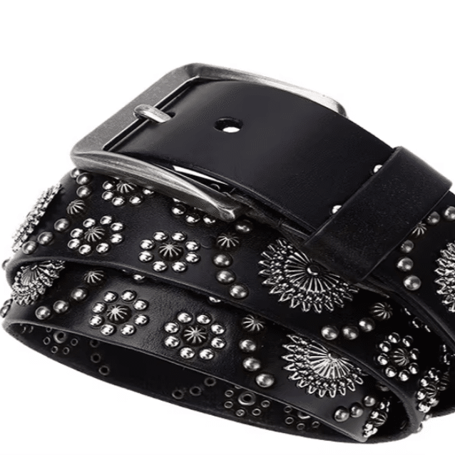 Ceinture cowboy femme cuir noir aux motifs fleurs de métal (4)