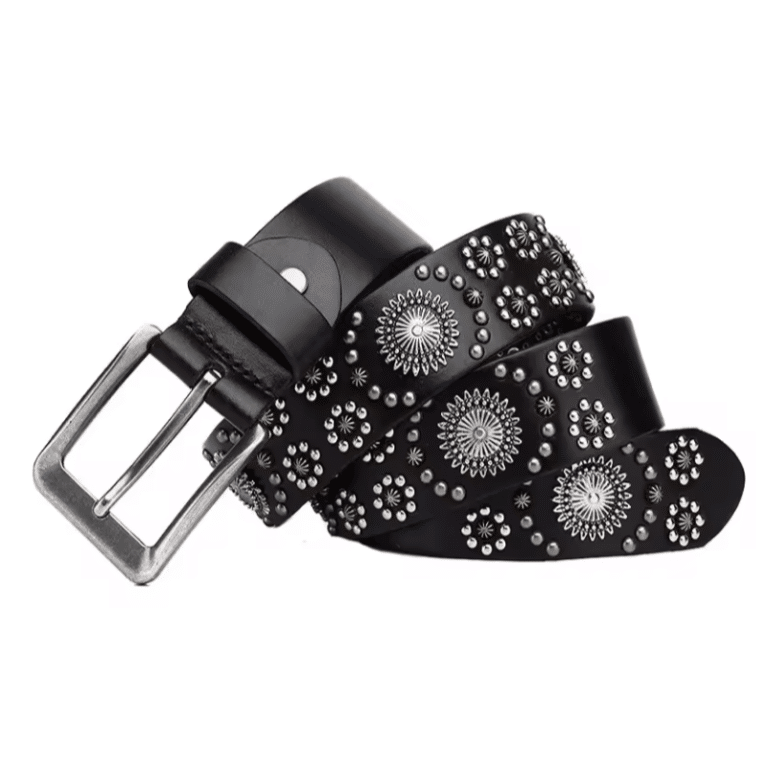 Ceinture cowboy femme cuir noir aux motifs fleurs de métal (5)