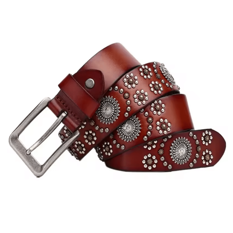 Ceinture cowboy femme cuir noir aux motifs fleurs de métal (6)