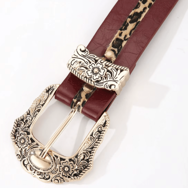 Ceinture cowboy femme rouge bordeaux à bande léopard et boucle gravée (1)