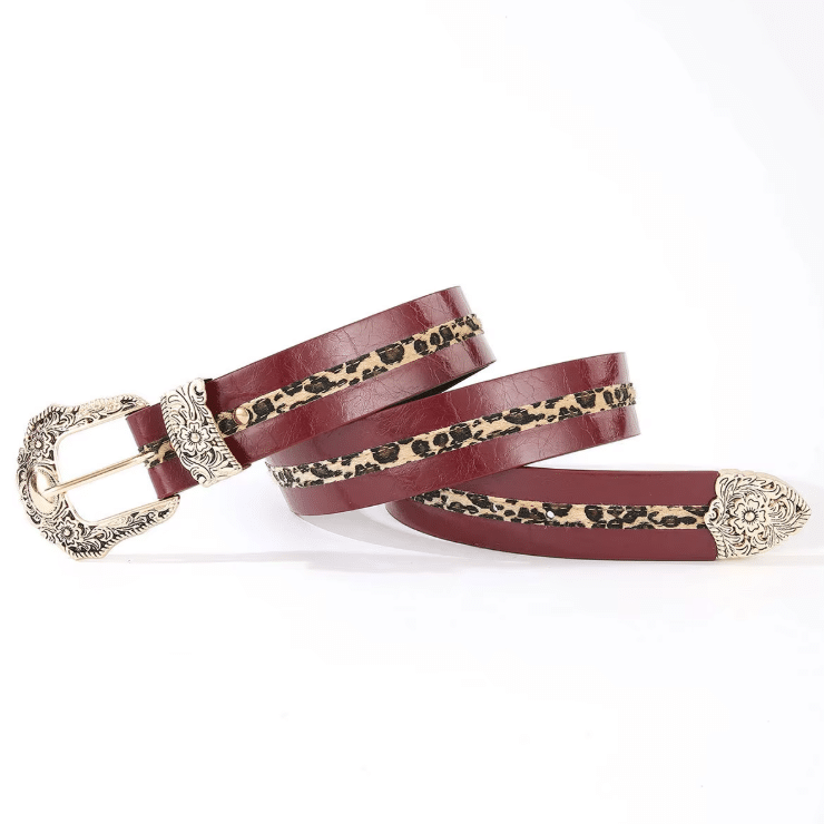 Ceinture cowboy femme rouge bordeaux à bande léopard et boucle gravée (2)