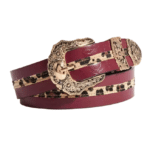 Ceinture cowboy femme rouge bordeaux à bande léopard et boucle gravée (3)