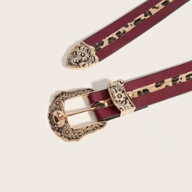 Ceinture cowboy femme rouge bordeaux à bande léopard et boucle gravée (5)