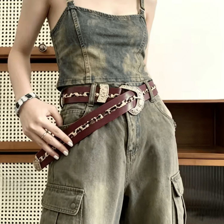 Ceinture cowboy femme rouge bordeaux à bande léopard et boucle gravée (6)