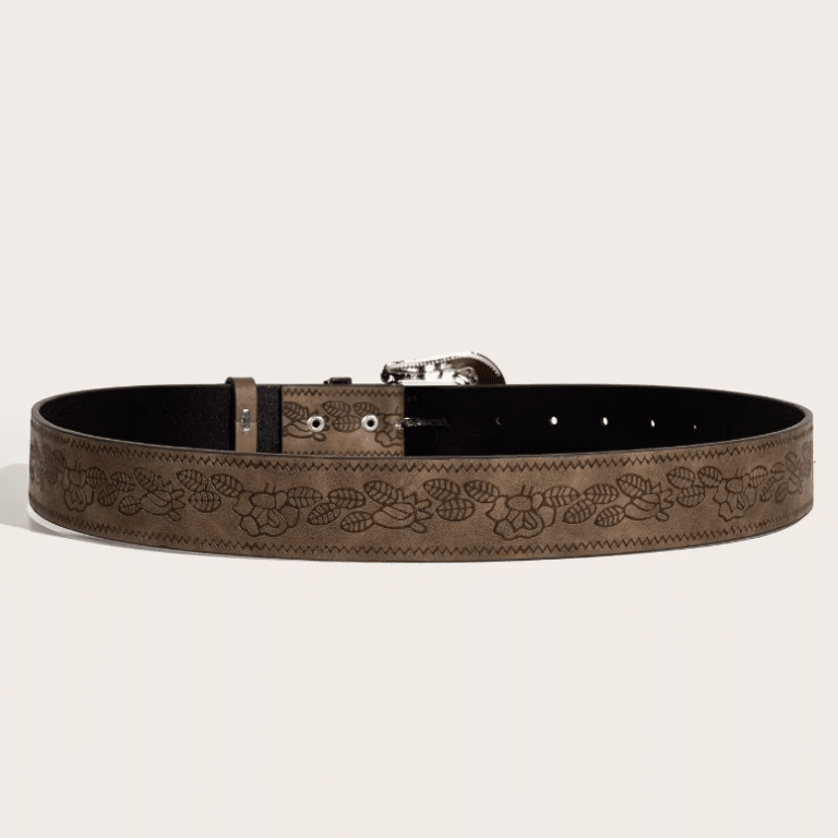 Ceinture cowboy marron cuir végan à motifs nature boucle gravée (1)