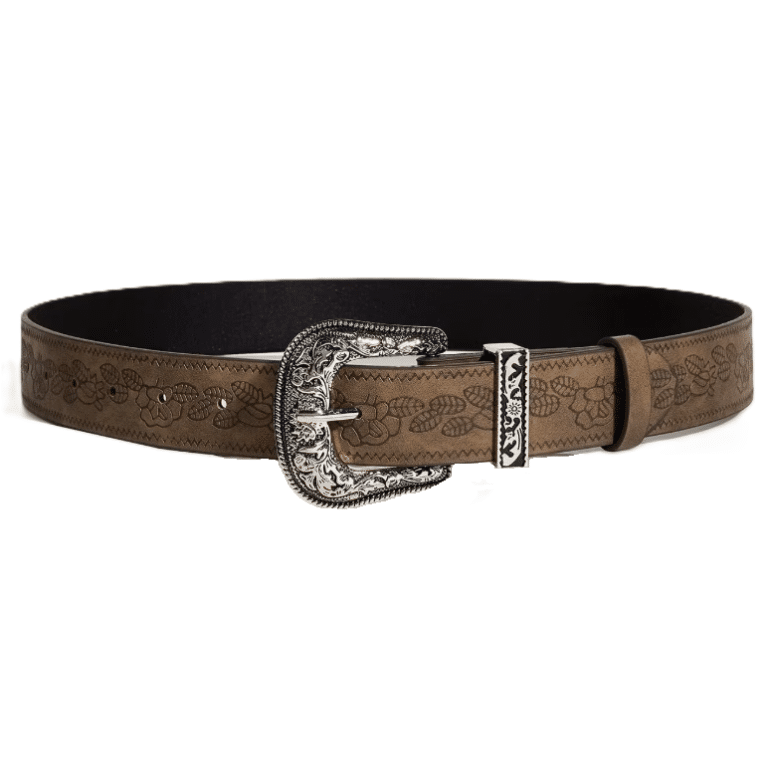 Ceinture cowboy marron cuir végan à motifs nature boucle gravée (2)