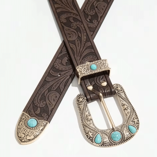 Ceinture cowboy marron cuir végan boucle vintage turquoise (3)