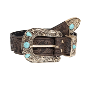 Ceinture cowboy marron cuir végan boucle vintage turquoise
