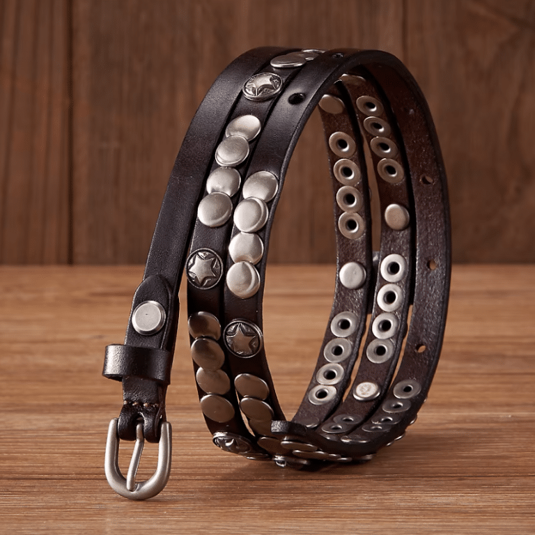 Ceinture cowboy noir femme cuir clous et étoiles argentés (4)