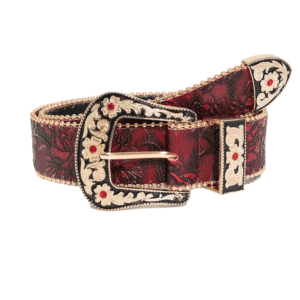 Ceinture cowboy rouge bordeaux à motifs floraux et boucle dorée