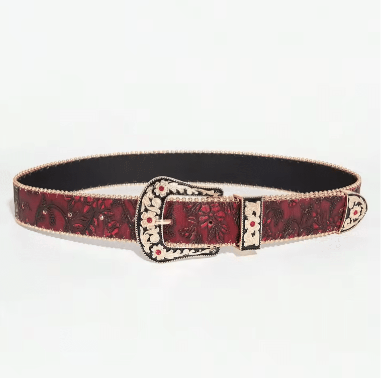 Ceinture cowboy rouge bordeaux à motifs floraux et boucle dorée (2)