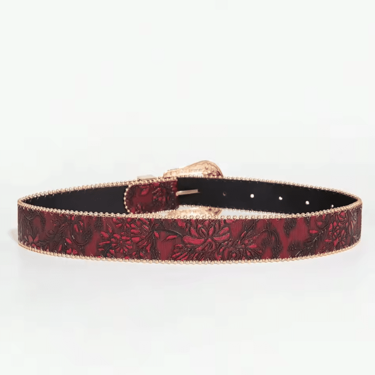 Ceinture cowboy rouge bordeaux à motifs floraux et boucle dorée (3)