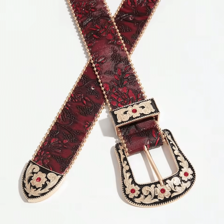Ceinture cowboy rouge bordeaux à motifs floraux et boucle dorée (4)