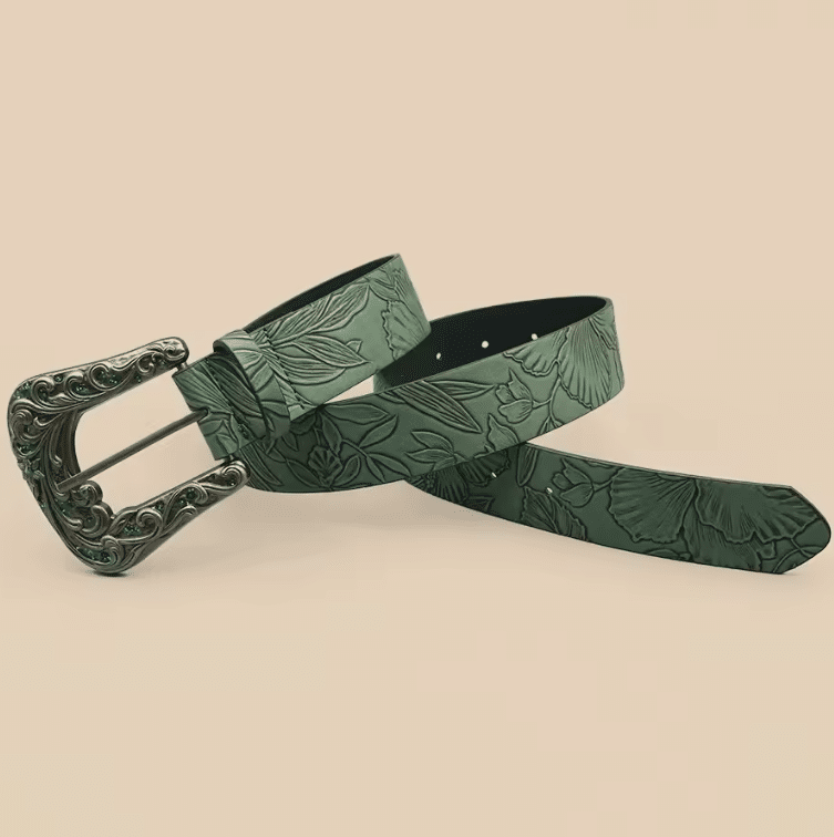 Ceinture cowboy verte effet cuir à motif ginkgo (1)