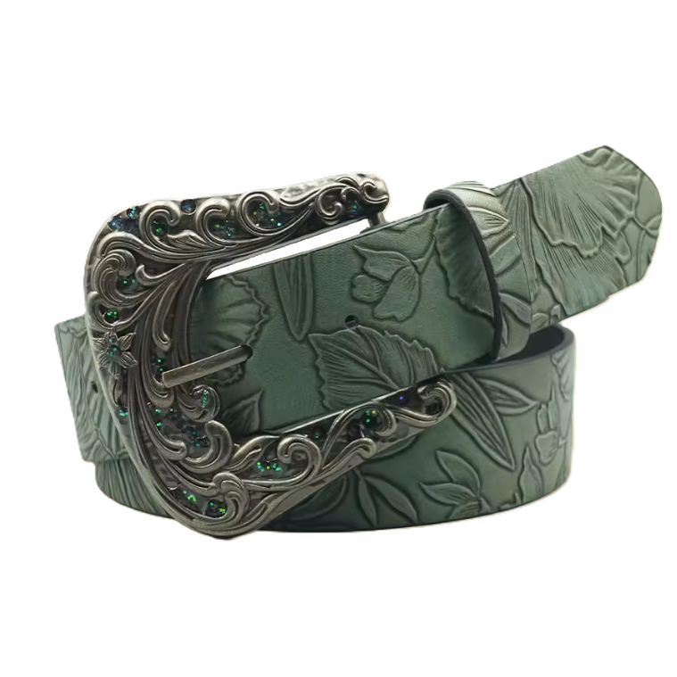 Ceinture cowboy verte effet cuir à motif ginkgo (2)