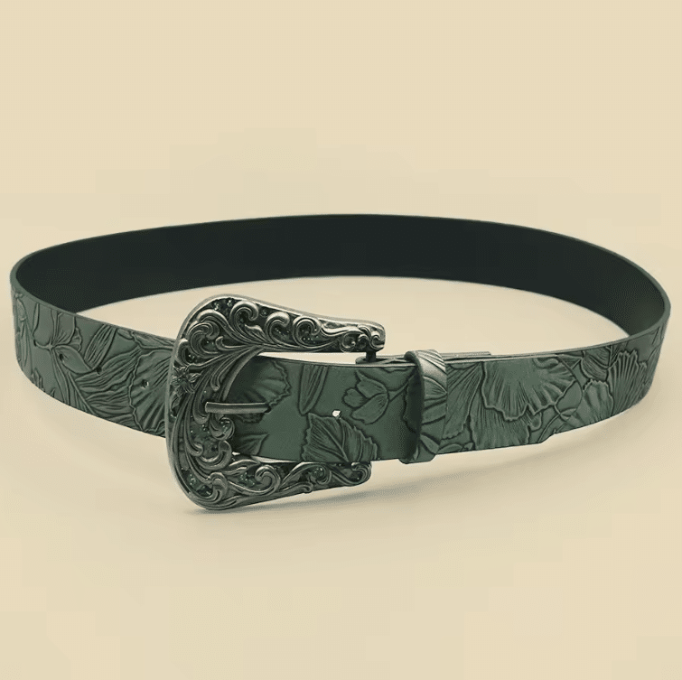 Ceinture cowboy verte effet cuir à motif ginkgo (3)