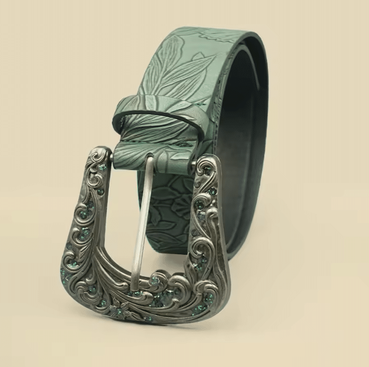 Ceinture cowboy verte effet cuir à motif ginkgo (4)