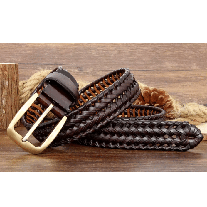 Ceinture cuir tressée vintage boucle laiton (2)