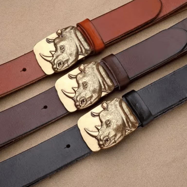 Ceinture vintage en cuir de vachette boucle rhinocéros (7)
