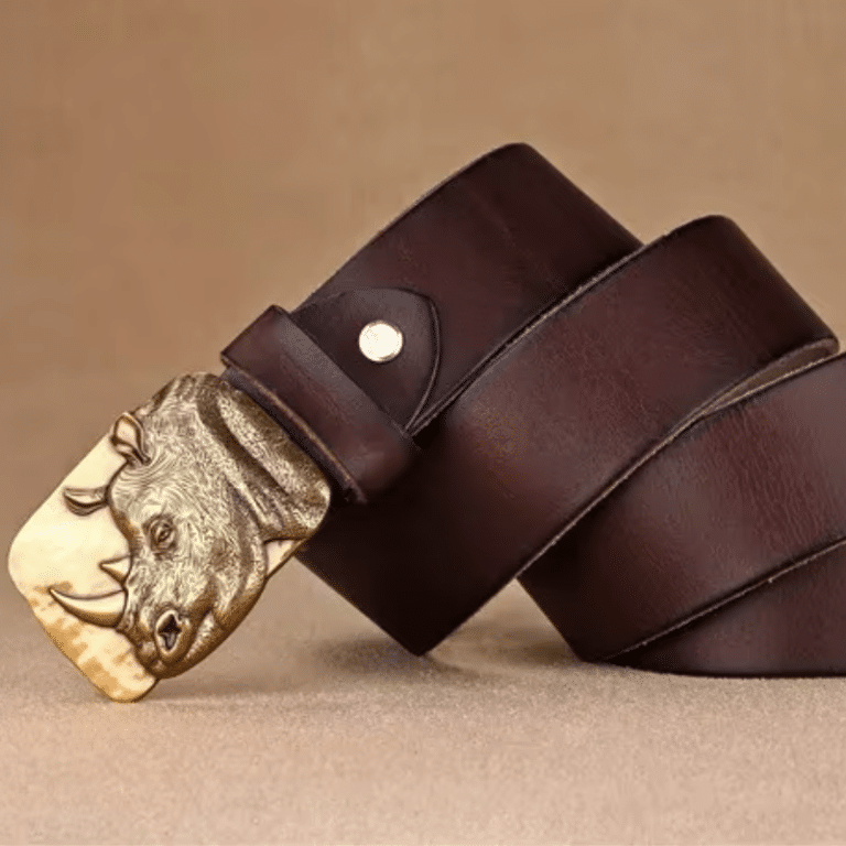 Ceinture vintage en cuir de vachette boucle rhinocéros (9)