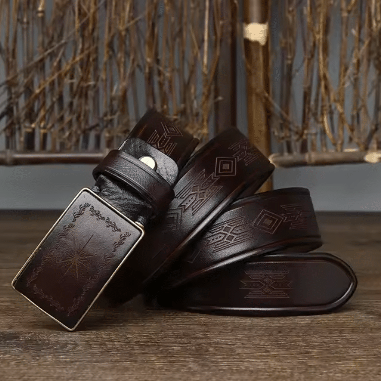 Ceinture western cuir marron boucle vintage amérindien (1)