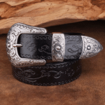 Ceinture western en cuir marron gravé à boucle argentée travaillée (1)