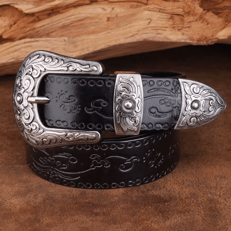 Ceinture western en cuir marron gravé à boucle argentée travaillée (1)