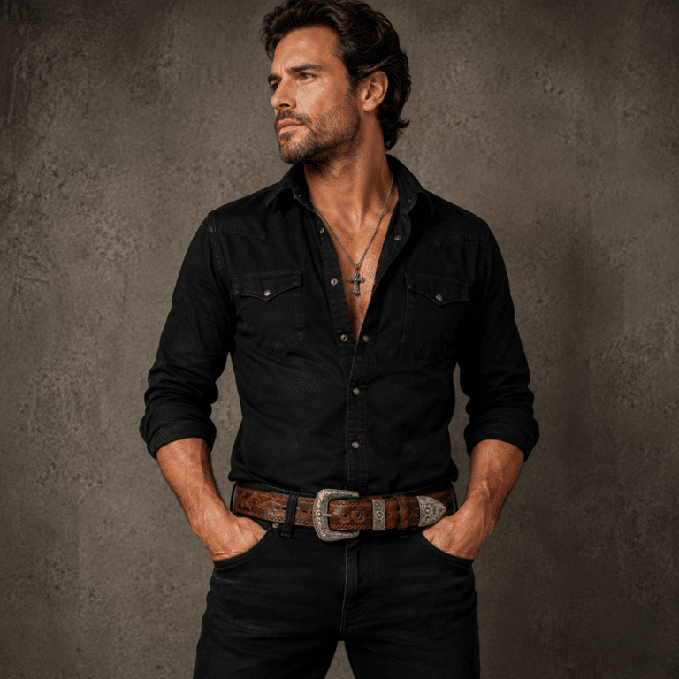 Ceinture western en cuir marron gravé à boucle argentée travaillée (3)