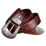 Ceinture western en cuir marron gravé à boucle argentée travaillée (8)