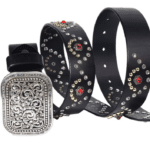 Ceinture western en cuir noir à strass rouges et boucle argentée vintage (1)