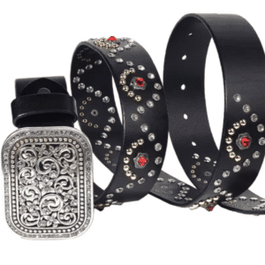 Ceinture western en cuir noir à strass rouges et boucle argentée vintage