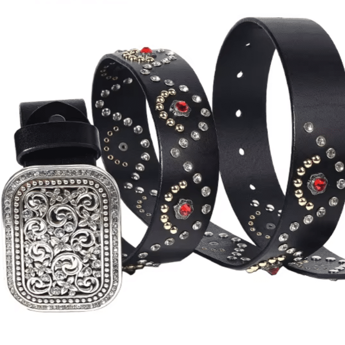 Ceinture western en cuir noir à strass rouges et boucle argentée vintage (1)