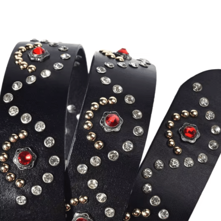 Ceinture western en cuir noir à strass rouges et boucle argentée vintage (2)