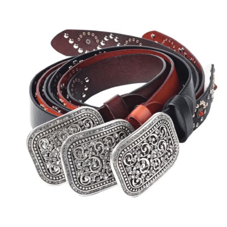 Ceinture western en cuir noir à strass rouges et boucle argentée vintage (3)