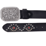 Ceinture western en cuir noir à strass rouges et boucle argentée vintage (4)