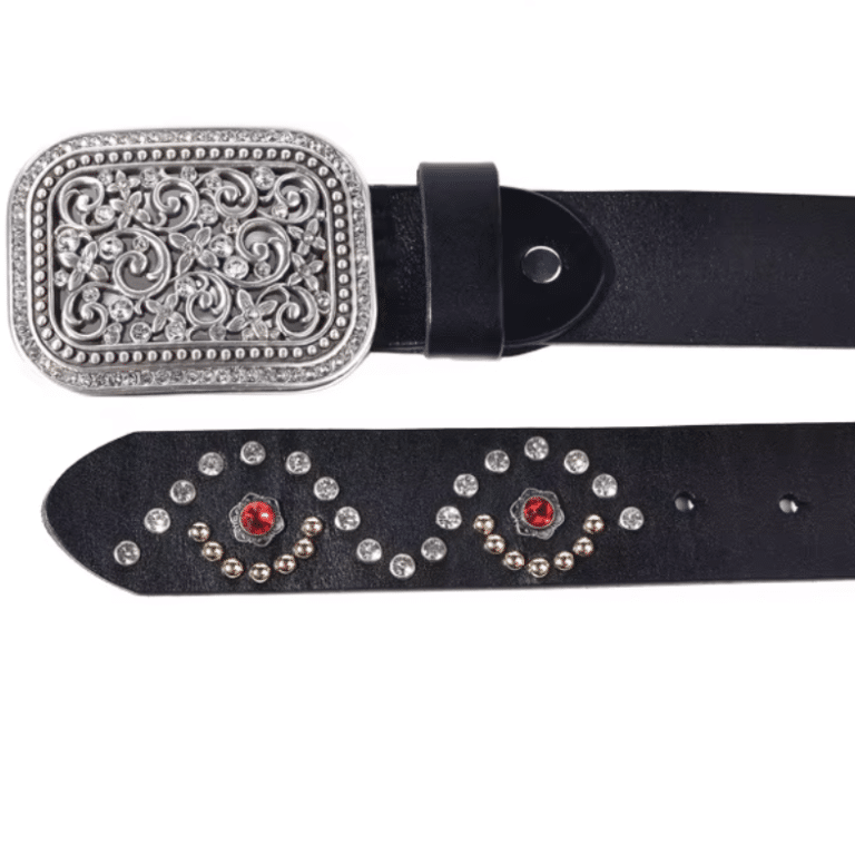 Ceinture western en cuir noir à strass rouges et boucle argentée vintage (4)