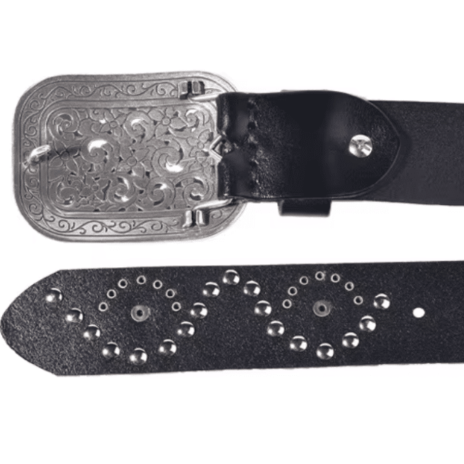 Ceinture western en cuir noir à strass rouges et boucle argentée vintage (5)