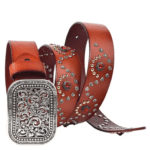 Ceinture western en cuir noir à strass rouges et boucle argentée vintage (6)