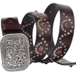 Ceinture western en cuir noir à strass rouges et boucle argentée vintage (7)
