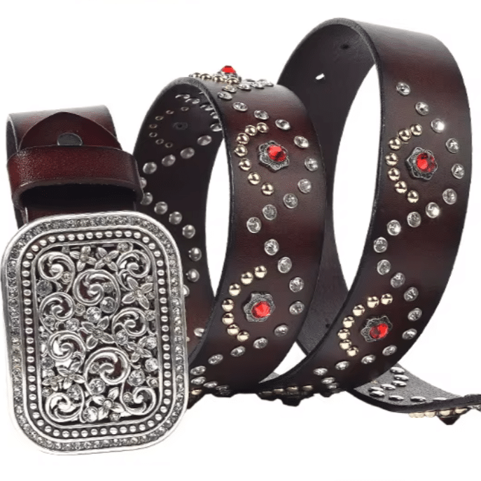 Ceinture western en cuir noir à strass rouges et boucle argentée vintage (7)