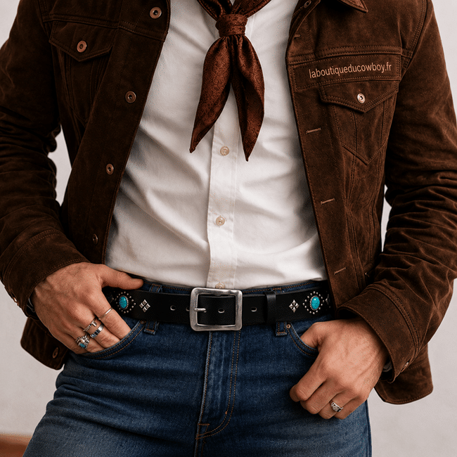 Ceinture western en cuir pierres turquoise et clous argentés (2)