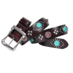 Ceinture western en cuir pierres turquoise et clous argentés (4)