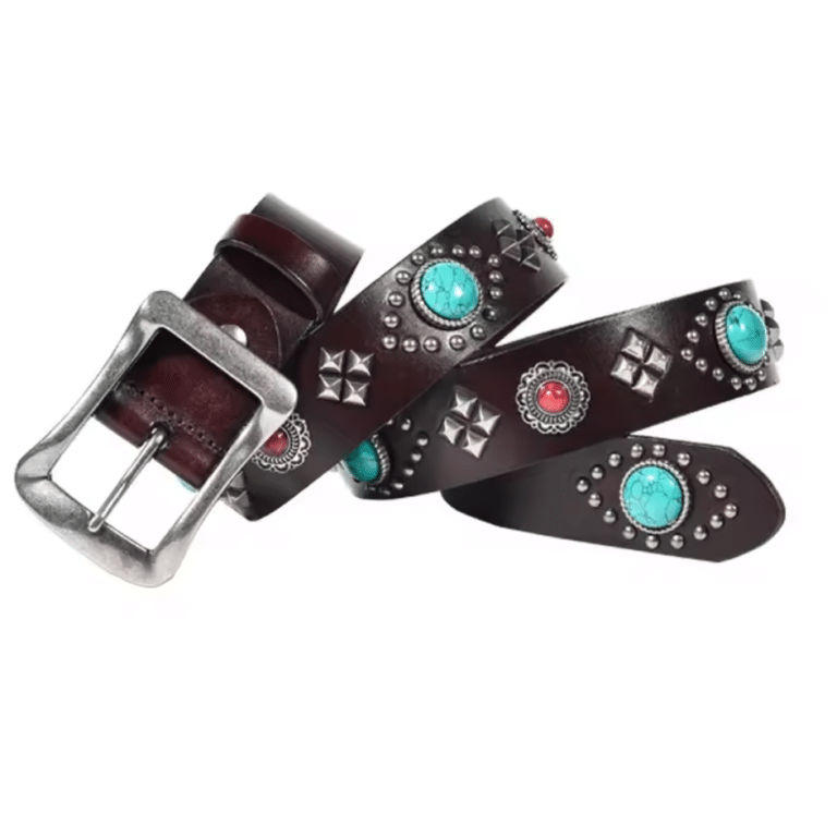 Ceinture western en cuir pierres turquoise et clous argentés (4)